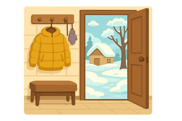 Cozy hallway interior with open door showing winter landscape, snow-covered house, tree, bench, coat hanger with yellow down jacket, mittens, warm entryway, soft flat style illustration