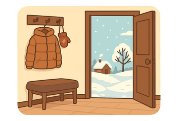 Cozy home hallway flat design, open door view, winter landscape, snow falling, small cottage, bare tree, wall hanger with warm down jacket, mittens, wooden bench, inviting interior scene