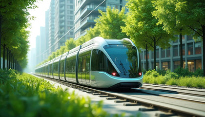 Naklejka premium Futuristic tram travels in modern eco city along green boulevard. Automated vehicle moves on rail tracks past buildings and trees. Public transport and urban tech concept.