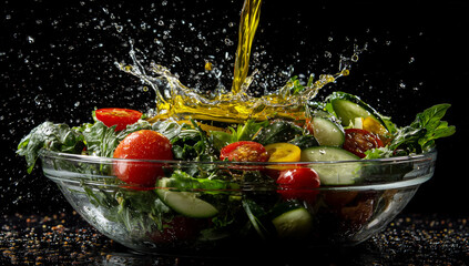 Colorful salad ingredients flying into a bowl with fresh greens and dressing
