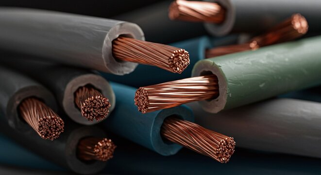 A close-up of electrical cables with exposed copper wires highlights the material for recycling.Concept of copper and electrical wire recycling.