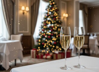 Two champagne glasses on a white table with elegant festive interior. Decorated Christmas tree with golden lights and gifts in the background creating warm holiday atmosphere.