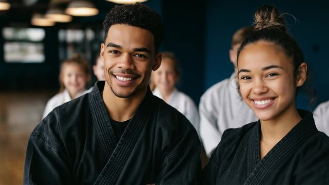 Dynamic martial arts training session showcasing young students mastering skills in a vibrant dojo environment