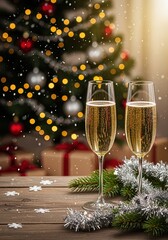 Two champagne glasses on a wooden table with Christmas decorations, fir branches, and tinsel. Festive background with lights, gifts, and decorated Christmas tree with snow effect.