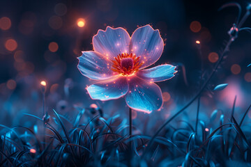 A single glowing fluorescent flower standing in a meadow at night