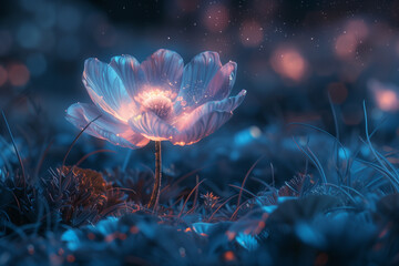 A single glowing fluorescent flower standing in a meadow at night