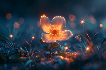 A single glowing fluorescent flower standing in a meadow at night