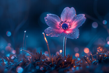 A single glowing fluorescent flower standing in a meadow at night