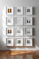 9 Empty picture frames on a modern gallery wall with sunlight and shadow play
