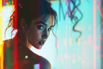 Futuristic portrait of a woman in neon light with colorful reflections in blue, pink, and orange tones. Cyber modern atmosphere with glowing lines and digital abstract background.