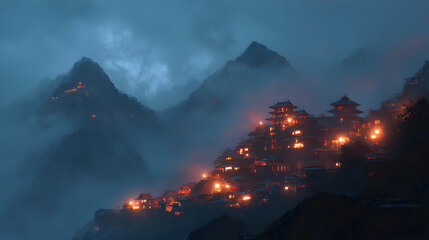 Fototapeta premium Illuminated mountain village at dusk