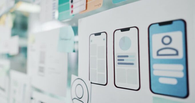 App development, ui design or technology abstract for phone, presentation or software update. Digital interface, user friendly layout or graphic model paperwork for mobile, icons or push notification