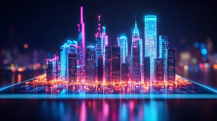 Vibrant neon cityscape with futuristic architecture isolated on white background