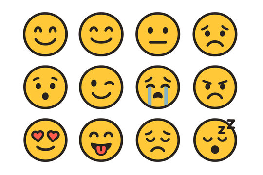 Naklejki Flat emoji set. Vector face icons. Emoticon cartoon characters. Collection of various expressions and emotions. Happy, sad, angry, love, cry, sleep. Feedback symbols.