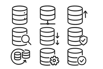 Database line icon set for data management and technology. Minimalist vector symbols for server storage, network hosting, security, backup, upload, download, and search.