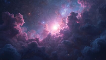 Fototapeta premium Vibrant cosmic nebula with bright light in deep space. Star clusters, cosmic dust and cloud formations add depth. Galactic core emits energy. Great for astronomy fans wallpaper.