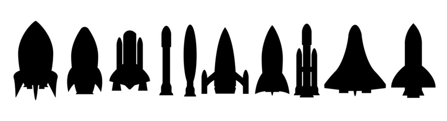 Rocket silhouette space black icon set. Spaceship simple launch rocket ship vector illustration pictogram