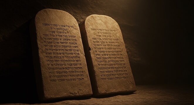 Close of the Ten Commandments stone tablets carved in marble, symbolizing God's law
