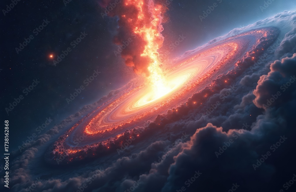 Wall mural editorial art shows explosion of a galaxy. bright core energy emits from cosmic swirl. a column of g