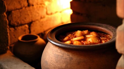 Traditional clay pot cooking with flavorful stew in a rustic kitchen, warm light glowing from the side