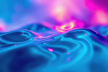 Abstract neon liquid surface with glowing light reflection in blue and pink tones. Futuristic smooth wave texture creating vibrant fluid background with shimmer and soft glow.
