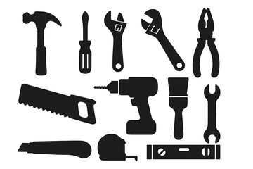Silhouette icon set of essential construction and repair tools for DIY projects. Vector graphic collection of hardware and workshop equipment like hammer, drill, and wrench.