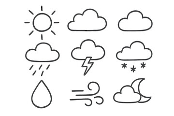 Weather icons set in a minimalist hand-drawn doodle style. Line art vector collection of forecast symbols like sun, cloud, rain, snow, storm, wind, and moon for meteorology.