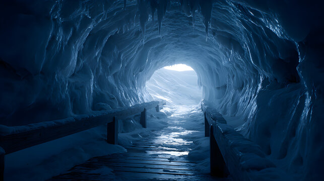 Ice cave tunnel with wooden walkway