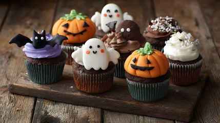 Halloween themed cupcakes decorated with spooky cute pumpkin faces bat wings and ghost candy placed on rustic wood