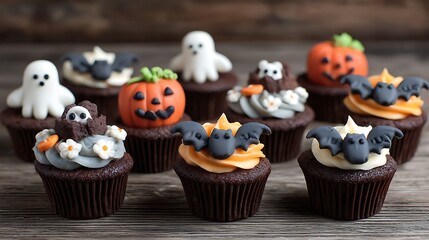 Halloween themed cupcakes decorated with spooky cute pumpkin faces bat wings and ghost candy placed on rustic wood