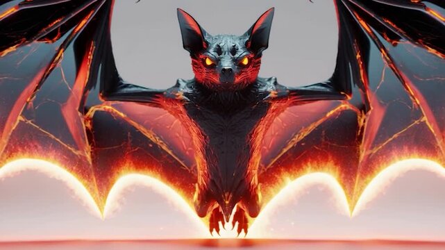 Fiery Animated Bat with Glowing Wings and Intense Red Eyes in Flight