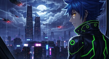 A futuristic cityscape unfolds under a stormy night, showcasing a figure in a sleek, neon-lined jacket, gazing out at the rain-slicked metropolis.