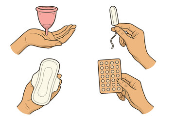 Female hands holding menstrual cup, tampon, sanitary pad, birth control pills. Menstrual hygiene products and contraception. Hand drawn vector set, isolated on white. Women health, period care