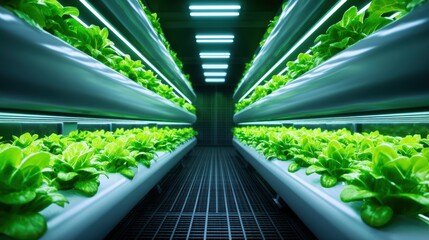 Obraz premium Indoor vertical farm showcasing vibrant green lettuce rows under bright fluorescent lights, with clean lines and modern design