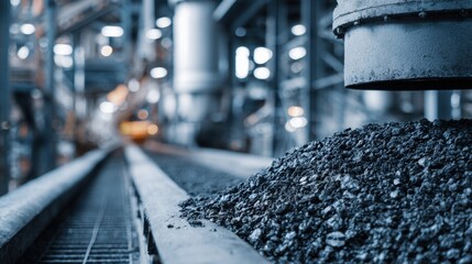 Recycle Massive Used Tires. Industrial setting with machinery and a conveyor belt transporting materials.