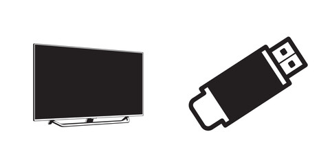 Modern Flat Screen Television and USB Flash Drive Technology Icons