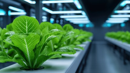 Lush green lettuce thriving in a modern hydroponic farm with high-tech lighting and clean environment