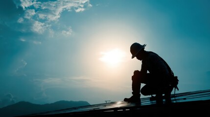 Fototapeta premium Technology solar cell, Engineer service check installation solar cell on the roof of factory on the morning. Silhouette technician inspection and repair solar cell on the roof of factory.