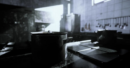 In a serene kitchen, two pots sit on a dark stovetop, illuminated by soft morning light filtering through a window. The room exudes a calm, inviting atmosphere perfect for cooking.