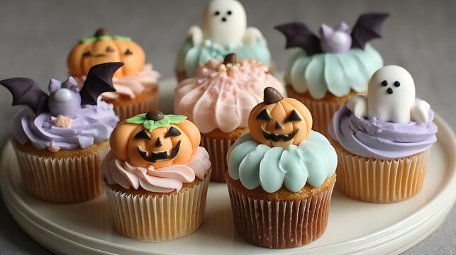 Halloween inspired cupcakes decorated with pastel icing pumpkins bats and ghosts playful spooky cute design