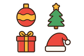 Christmas decoration icons flat style vector set with red gift box, red and yellow bauble, green tree with star topper and Santa hat cartoon illustration collection