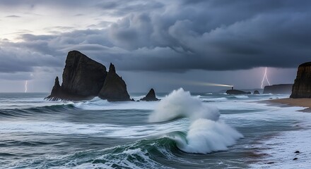 Dramatic coastal scene featuring powerful waves crashing against rocky shores during a stormy sunset with a lighthouse and lightning.