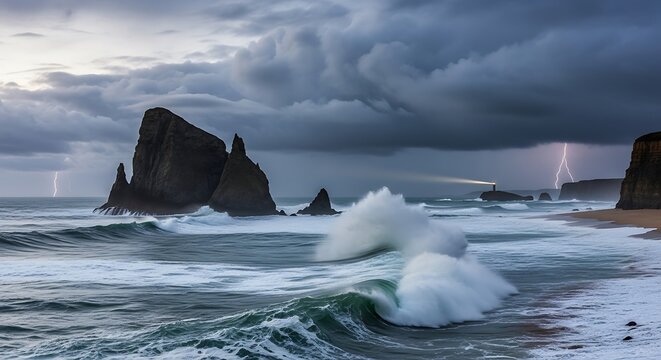 Dramatic coastal scene featuring powerful waves crashing against rocky shores during a stormy sunset with a lighthouse and lightning.