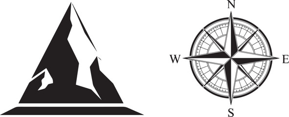 Majestic Mountain Peaks and Compass Rose Navigation Elements