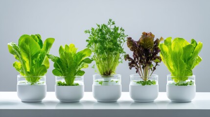 Fototapeta premium Freshly grown greens in stylish pots on a minimalist shelf, showcasing vibrant colors and healthy growth