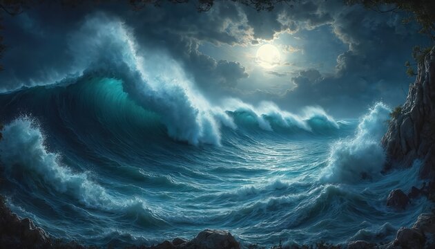 Powerful waves crash on rocky coast under dramatic night sky. Bright full moon shines through dark clouds. Stormy sea shows immense power, with foamy water hitting cliffs. Big blue ocean swells move - Powered by Adobe