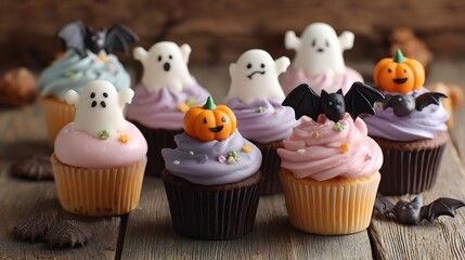 Cute Halloween cupcakes pastel icing with pumpkin candy ghost toppers and bat decorations on wooden surface