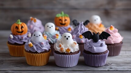 Cute Halloween cupcakes pastel icing with pumpkin candy ghost toppers and bat decorations on wooden surface