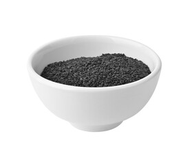 Black sesame seeds in ceramic bowl isolated on transparent png
