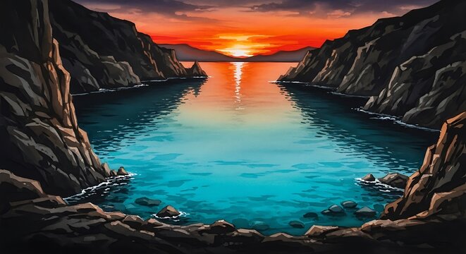 Serene Sunset Over Calm Waters Surrounded by Rocky Cliffs.